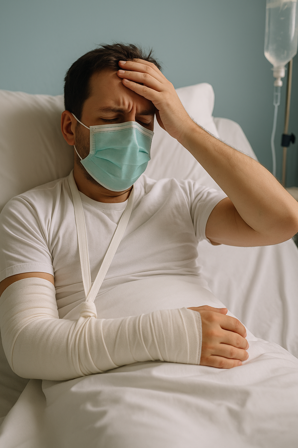 Homem hospitalizado com braço imobilizado, representando afastamento pelo INSS por auxílio-doença ou acidente de trabalho.