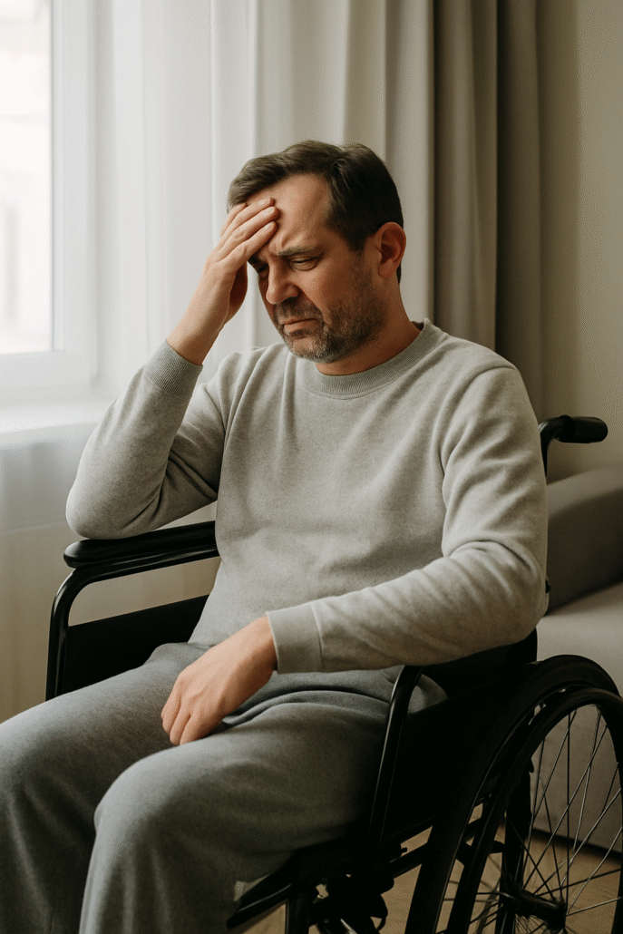 Homem visivelmente debilitado em ambiente hospitalar, ilustrando afastamento pelo INSS por incapacidade temporária.