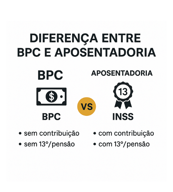 Comparação visual entre BPC LOAS e aposentadoria do INSS, destacando diferenças como contribuição, 13º salário e pensão.