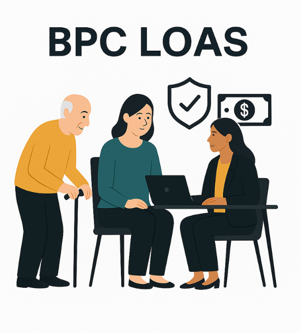 Ilustração de atendimento jurídico sobre BPC LOAS com idoso, assistente social e advogada.