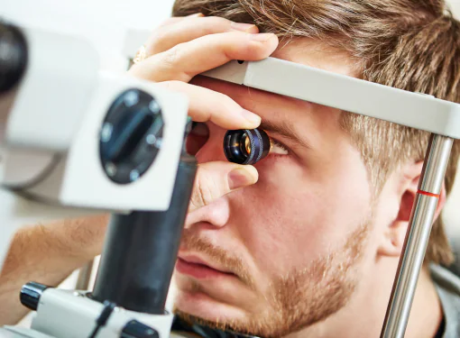 Homem fazendo exame oftalmológico detalhado, essencial para comprovar visão monocular e solicitar aposentadoria ou LOAS.